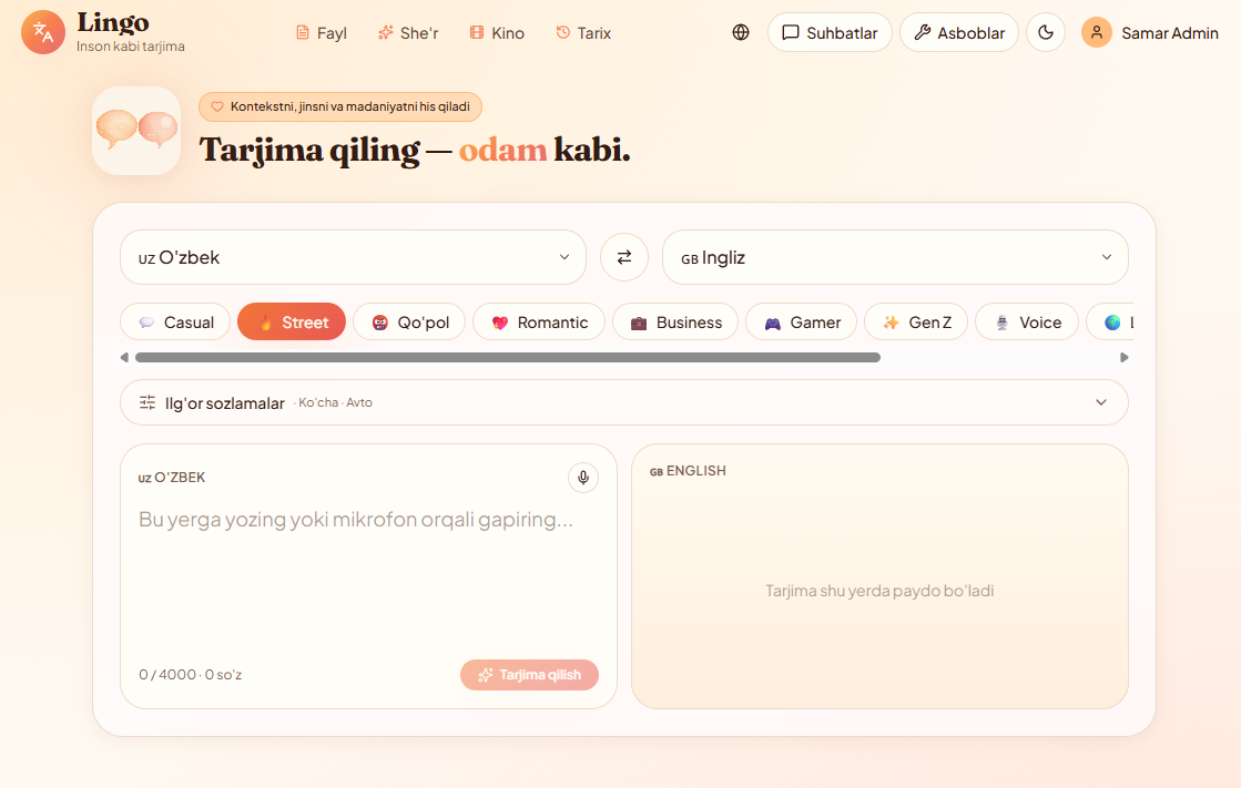 Matn va ohang — Lingo ishlayotgan platformasidan ekran tasviri